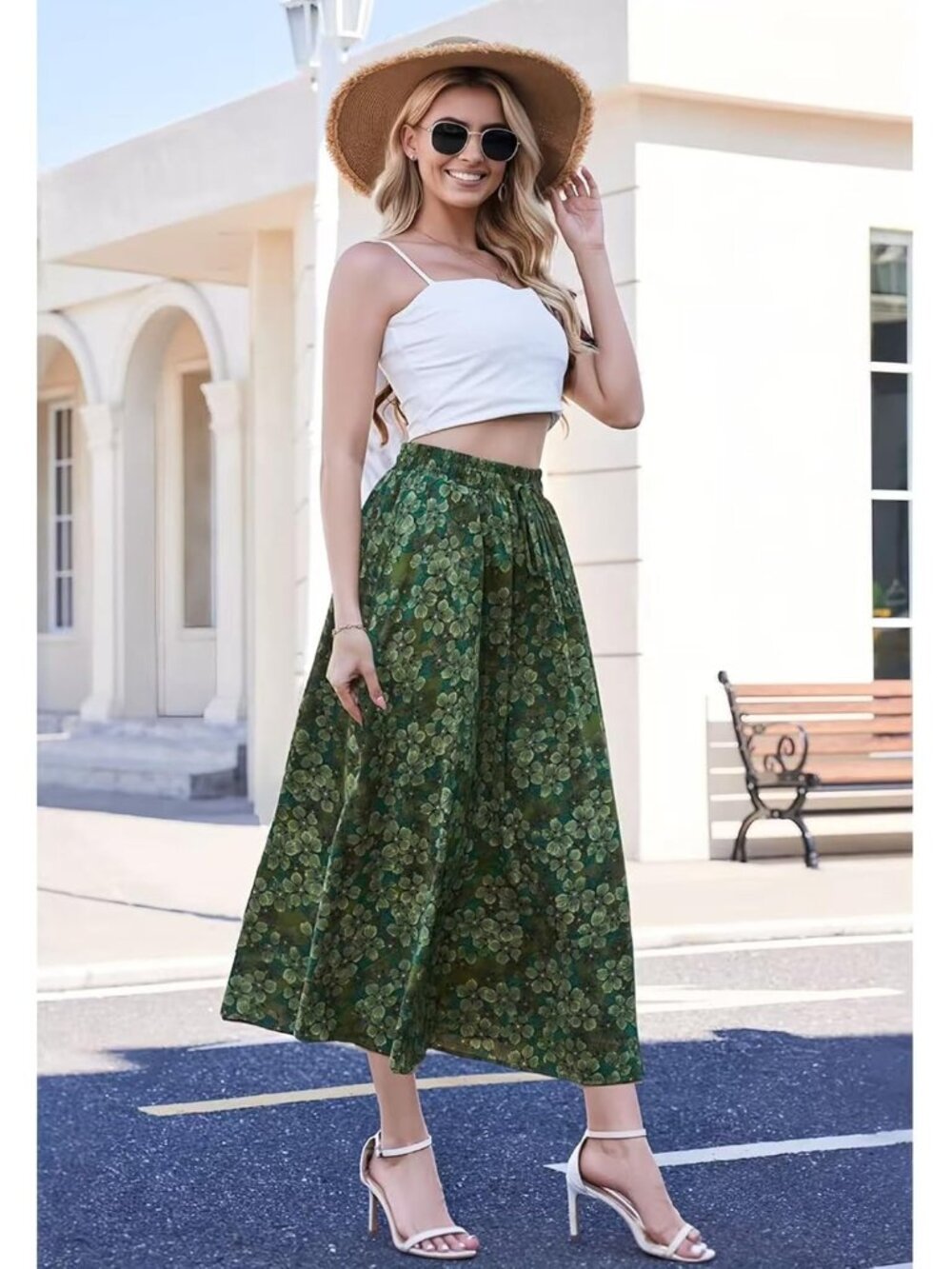 Womens Green Floral 100% Polyester Elastic Length Casual with Pockets Maxi Skirt - Picture 6 of 6